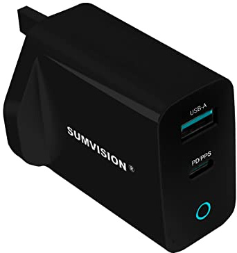SUMVISION 65W USB C Compact Wall Fast Charger Plug Adapter Dual Port GaN PD PPS Quick Charge for Apple Macbook Pro Dell Laptop iPad Air iPhone 14 Galaxy S23 Ultra Pixel 7 UK DESIGN UK TECH SUPPORT