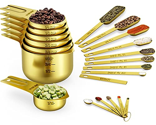 Wildone Juego de 21 tazas medidoras doradas – Incluye 7 vasos medidores de acero inoxidable, 8 cucharas medidoras, 1 nivelador y 6 mini cucharas medidoras, ideal para ingredientes secos y líquidos
