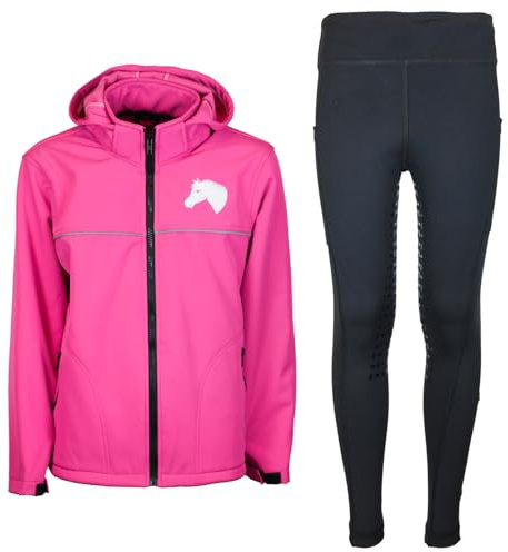 MS-Trachten Kinder Reitset Eva Softshell Reitjacke Pink mit Silikon-Vollbesatz Reitleggings Schwarz