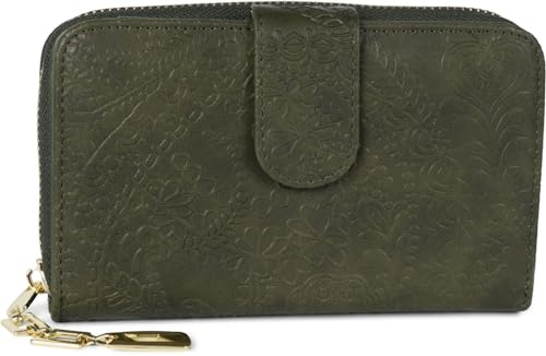 styleBREAKER Geldbörse mit Paisley Blumen Blüten Prägung, umlaufender Reißverschluss und RFID Schutz, Portemonnaie, Damen 02040098, Farbe:Oliv