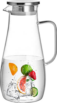 CNGLASS Glaskaraffe 2 Liter mit Edelstahldeckel, Hitzebeständiger Glas Wasserkrug für Tee, Saft & Partygetränke
