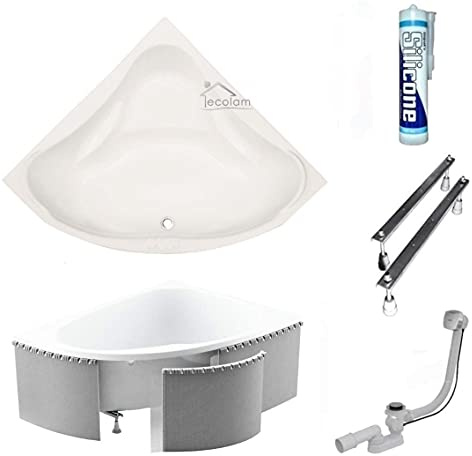 ECOLAM® Badewanne Eckbadewanne Acryl Weiß Ewa 134x134 cm + universelle Styroporschürze verfliesbar + Ablaufgarnitur Ab- und Überlauf Automatik Chrom Füße Silikon - Komplett-Set