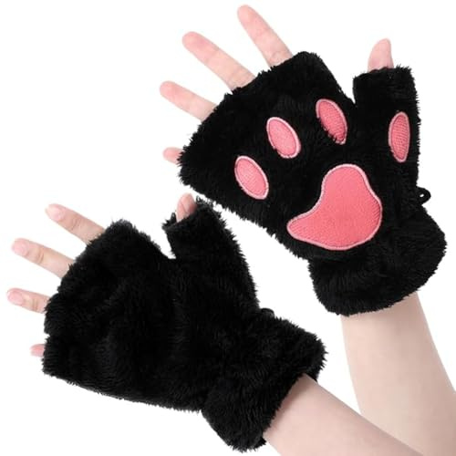ITODA Fingerlösa handskar för kvinnor och flickor, damhandskar, kattassar, söta vinterhandskar, plyschvantar, korta, tjocka och varma fleecehandskar, mjuka handvärmare för kallt väder, Svart, M