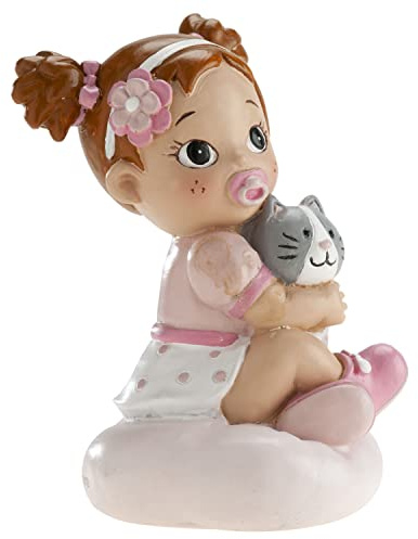 dekora - Figura de Decoracion Bautizo Niña con gatito, 10 cm, Elaborada en Resina, Adorno para Tartas de Bautizo y Baby Shower Diseño Original y Detallado Apto para Contacto Alimentario