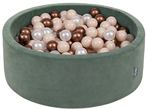 KiddyMoon Terciopelo Piscina De Bolas 90X30cm/200 Bolas para Ninos Hecha En La UE, Verde del Bosque:Beigepas/Cobre/Perla