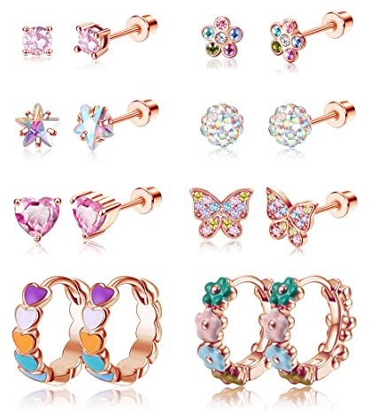 ORAZIO 8 Pairs Hypoallergenic Screwback Earrings Studs for Women Girls 316L Stainless Steel CZ Heart Hoop Earrings Cute Flower Butterfly Screw Back Stud Earrings Set 20G