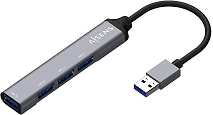AISENS Hub USB 3.0 Aluminio. Tipo A/M - 4x Tipo A/H. Gris. 10cm