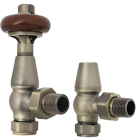 Warmehaus Angled TRV Thermostatic Radiator Valves Antique Brass | Chelsea Traditional, Solid Brass, for Heated Towel Rail, Central Heating, 15mm Inlet