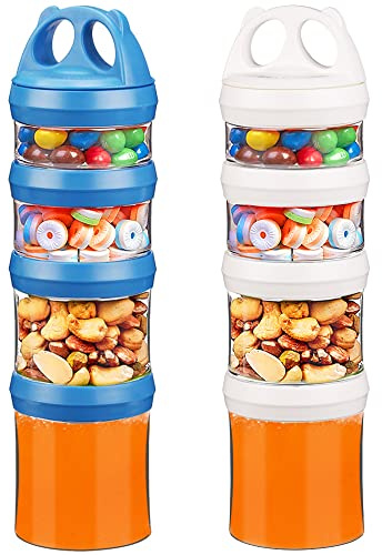 BeneLabel Snack Box, 2pcs Stackable Snack Pot 4 Compartments 31oz/917ml Portable Food Container Storage Jar Nuts Candy Formula Dispenser with Lid for Travel, BPA Free & Leak-proof, White/Blue