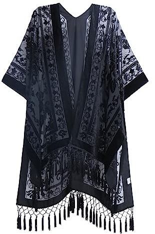 MJ SERECA Women's Long Burnout Velvet Kimono - Casual Outfit, Plain Black, One size