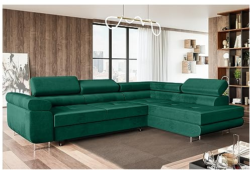 MEBLINI Schlafcouch mit Bettkasten - Ecksofa mit Schlaffunktion - Sofa mit Relaxfunktion und Kopfstützen - Couch L-Form - Eckcouch - Wohnlandschaft - MALIBA - 277x203x63cm Rechts - Grün Samt