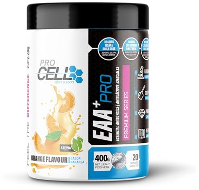 ProCell EAA+PRO | Aminoácidos Esenciales Premium con BCAA, Vitaminas y Calostro (400g / 20 servicios) - Sabor Naranja - Recuperador y Aumento de la Masa Muscular - Con Vitaminas B6, B12, C y D3