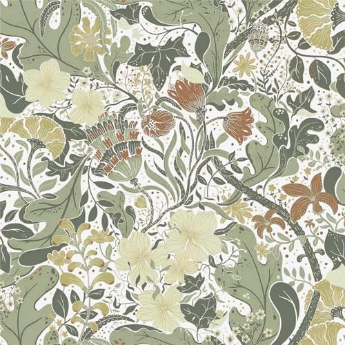 Timeet Selbstklebende Tapete Blumen Grün Tapete 41CM×3M Weiß Blumen Blätter Klebefolie Möbelfolie Selbstklebend Wasserdichte Botanisch Möbelaufkleber Vinyl Folie für Möbel Küche Schlafzimmer
