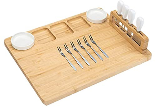Spacieux Grandes Planches De Charcuterie,Planche À Fromage En Bambou Et Ensemble De Couteaux,Plateau De Service De Plateau De Charcuterie De Viande,Avec 4 Couteaux Et Bols En Céramique Multifonction