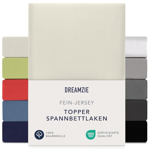 Dreamzie Premium Topper Spannbettlaken 180x200 cm - 200x200 cm - extra niedriger Seitenhöhe - für Topper - Topperauflage - Spannbetttuch Jersey Baumwolle, 150 g/m² - Oeko-TEX - Beige