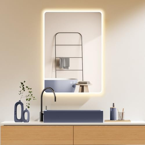 HOKO LED Badspiegel 50x70 cm / 70x50 cm Kansas mit Antibeschlag, Weißer Alurahmen, HOCH+QUER Montage. Touch Schalter, Speicherfunktion, Licht Wechsel 2700-6500K, Warmweiß-Kaltweiß-Neutral