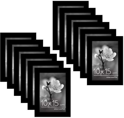 Americanflat Bilderrahmen 10x15 cm aus MDF-Holz und poliertem Plexi-Scheibe - Collage Bilderrahmen Set (12er Pack) - inkl. Ständer und integrierter Aufhängung für Hoch- und Querformat - Schwarz