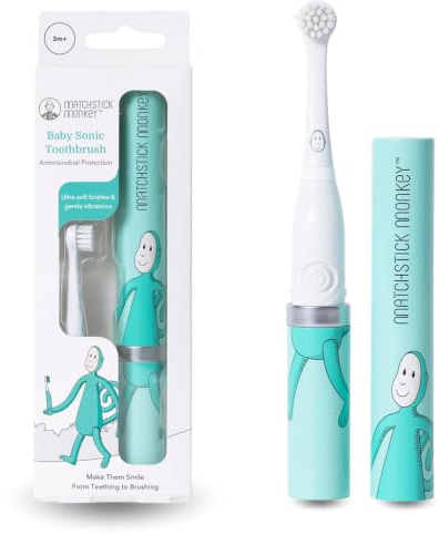 Matchstick Monkey Elektrische Baby-Sonic-Zahnbürste – Ultraweiche Borsten, sanfte Vibration, ergonomischer Griff, BPA-frei, batteriebetrieben, ab 3 Monaten, Affe