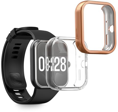 kwmobile Carcasa Compatible con Xiaomi Redmi Watch 4 Funda - 2X Protector Pantalla Completo - Ultrafino y antigolpes - Transparente/Oro Rosa