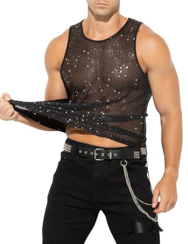 Casey Kevin Uomo Canotta Paillettes Sexy Glitter Canottiera da Uomo Rete Magliette Argenteo Tank Camicia da Ballo Danza Jazz per Discoteca Club Party Festa