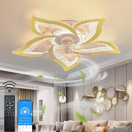 Dobecd Ceiling Fans with Lights and Remote Modern Dimmable Ceiling Fans with Lights Dc Motor App 6 Speed Fan Light Timed Memory Silent Flower Light with Fan 69cm Gold