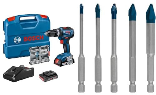 Bosch Professional 18V System Perceuse-Visseuse à Percussion sans Fil GSB 18V-55 (Batterie 2x2.0 Ah + Chargeur Inclus) + 5x Coffret de forets Expert HEX-9 HardCeramic (Tuiles, Carrelage, Ø 4-10 mm)