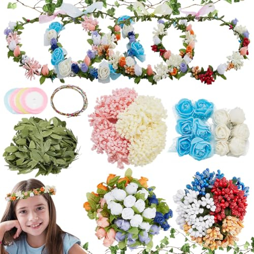 INFUNLY 12 Set DIY Blumenkronen Bastelset Machen Sie Ihr Eigenes Blumenkronen Girlanden Kit Handgefertigtes Blumenkronen Set Blumenkränze Kopf Haar Accessoires Dekorationen Für Hochzeit Geburtstag Zuh