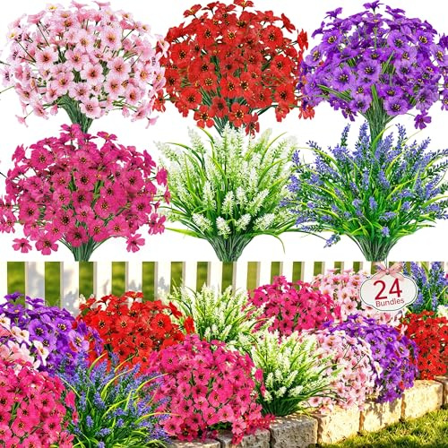 Der Rose 24 Bundles Artificial Flowers for Outdoors Fake Spring Flowers Plants UV Resistant for Home Garden Porch Window Wedding Decor