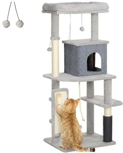 PawHut Árbol Rascador para Gatos Altura 132 cm con Plataformas Gris Claro