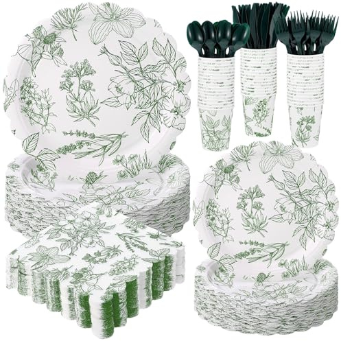 Havawish 400 Pcs Sage Green Disposable Tableware Set Greenery Floral Paper Plates Napkins Sage Serve Scalloped Plates Paper Napkins Cups Plastic Spoons Forks Knives for Wedding Tea Party Baby Shower