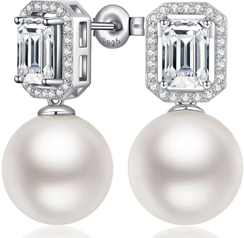 Miaofu Perlen Ohrringe Hängend 18K Weißgold plattiert S925 Sterling Silber mit Weißen Perlen und AAAAA Zirkonia Kristallen für Damen