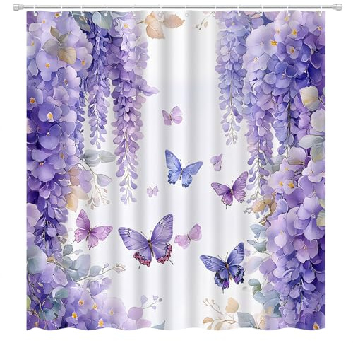 ZQANZQ Purple Floral Shower Curtain Wisteria Butterfly Rustic Farmhouse Flower Vine Lavender Plant Watercolour Wildflower Spring Garden Romantic Elegant Art Bathroom Decor Set with Hooks