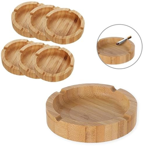 Posacenere Rotondo in Legno bambù Naturale, 6 Pezzi, Portacenere Bamboo Elegante,4 Sigarette, Portatile, per Casa, Ufficio, Interno, Esterno, per Fumatori 9.5x2cm
