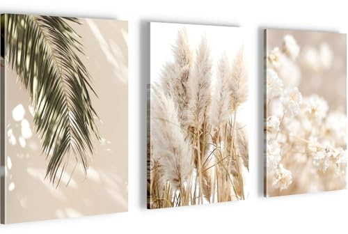 Novart Tableaux Grass Boho Pampas - PRÊT À ÊTRE ACCROCHÉ - Salon Chambre decoration murale - 3 Parties Set Beige - N005830a