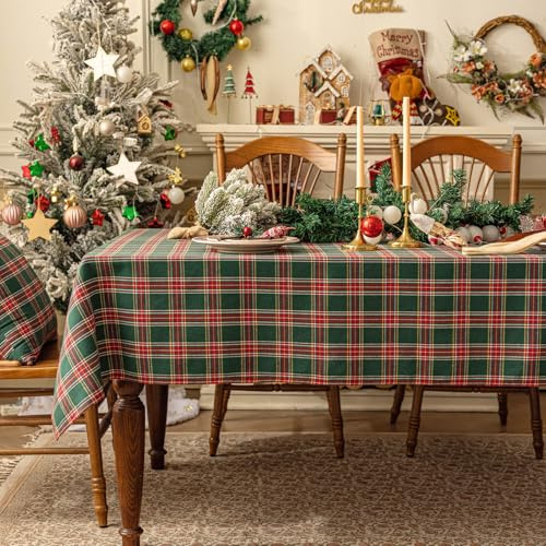 Softalker Large Christmas Table cloth Green 280 x 140 cm Rectangular Xmas Tartan Tablecloths Wipe Clean Table Cover Festive for Autumn New Year Birthday Party Home Outdoor Garden Decoration Tabletop