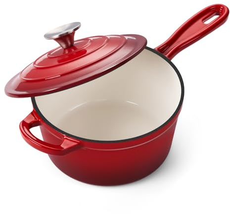 Onader 2QT Saucepan with Lid Enameled Cast Iron Sauce Pan Pot Small Dutch Oven Cooking Kitchen Pot Nonstick & Heavy Duty – Red