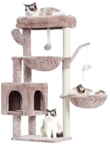 Heybly Klösträd för katter, 100 cm hög kattträd med stor plattform, grotta, 2 hängmattor, klätterleksaker och träd med klösning, beige brun HCT006SMU