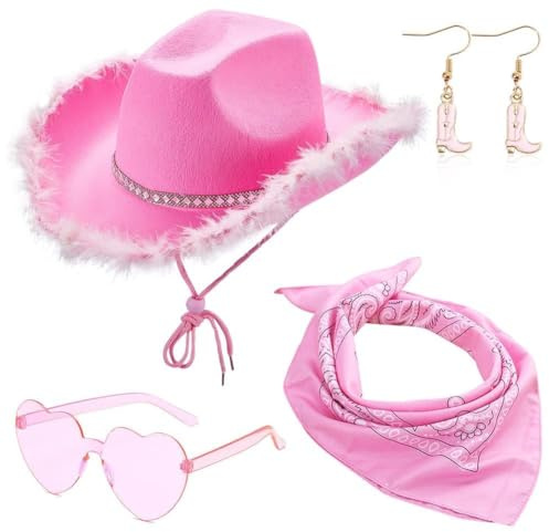 FCXVXCL Chapeau de Cowgirl, Chapeaux Cowboy Plume, Cowgirl Hat Avec lunettes et Rose Bandana pour Masquerade Costume Halloween Dress Up pour Cosplay, Déguisement, Fête 4pcs