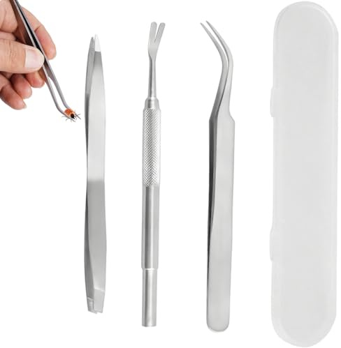 Stainless Steel Tick Remover, 3PCS Tick Removal Tool Set, Tick Hook Kit Includes Removal Tweezers, Shovel, for Animals, Humans, Dogs, Cats