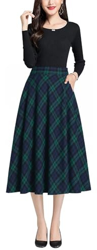 Beeblily Women's Winter Long Skirt Vintage Plaid Wool High Waist A-line Fall Elegant Midi Skirt 7062 Green 3XL(Elastic Waist:93CM)