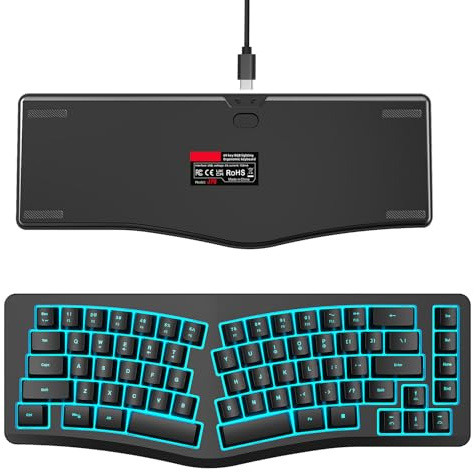 Plyisty Clavier Ergonomique Filaire, Clavier divisé Silencieux avec RVB rétro-éclairé, 69 Touches, Compatible avec PC Ordinateur Portable (Black)