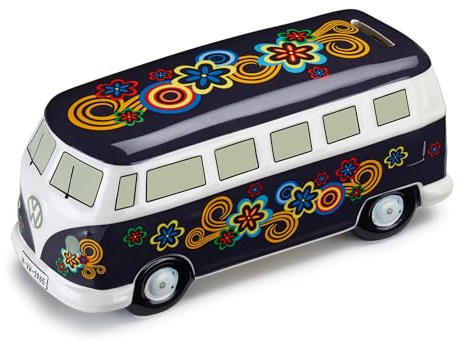 Volkswagen 7T1087709 Miniatur T1 Bulli Spardose Hippie Bus Flower Power Sparbüchse, blau