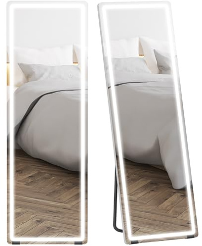 HOMCOM Espejo de Pie Cuerpo Entero con Luces, 150x50 cm, Espejo de Cuerpo Entero sin Marco, 3 Temperaturas de Color, Brillo Ajustable, Independiente, Apoyado y de Pared, para Dormitorio, Transparente