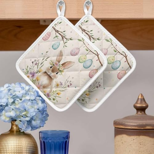 Pot Holders Set of 2, Happy Easter Rabbit Colorful Egg Potholder for Kitchen Heat-Proof Hot Pads, Spring Flower Tree Branch Flax Hot Mats Potholders for Cooking Baking BBQ