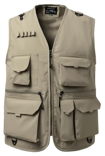 KTWOLEN Herr utomhusväst multifickor lätt nät andningsbar ärmlös fiskeväst vandringsväst för camping safari fotografering, Beige, XL
