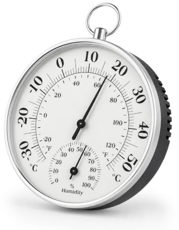 Zyrtkeriom Analoges Außenthermometer – Kabelloses Thermo-Hygrometer für Innen und Außen, batteriefrei und wetterfest, wandmontiert, geeignet für Häuser, Gewächshäuser, Gärten und Autos (Grau)