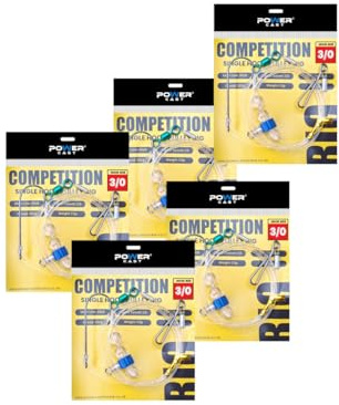 Power Cast Competition Single Hook Pulley Rig, 80LB Main Line, 50LB Snood, Size 2/0 & 3/0, with Weight Clip and Power Swivel, 5 Pack (3/0)