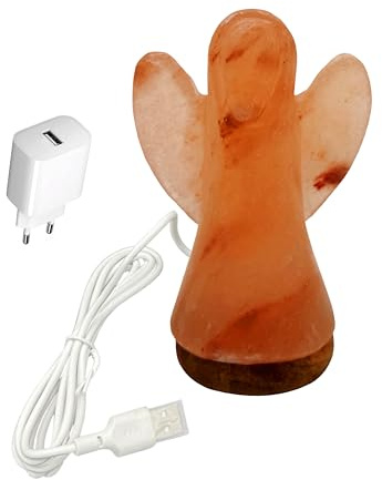 HAF Beleuchtete USB Salzlampe ENGEL Rosa aus Kristallsalz – Handgefertigte Salzkristall LED Deko Lampe mit Holzsockel – Für warmes Licht, entspannte Atmosphäre – Als Tischlampe für Büro & Schlafzimmer