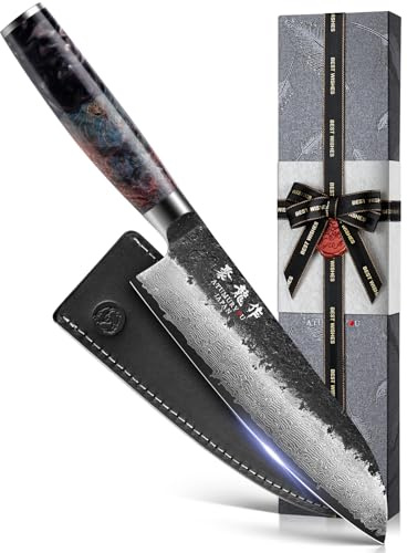 Atumuryou Couteau Santoku Japonais 18cm, Couteau en Acier Damas 67 Couches | Noyau en Acier VG10, Forgée Noire, Couteau de Cuisine Professionnel, Manche Ergonomique, Étui en Cuir & Coffret Cadeau