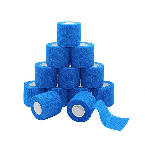 12 Stück, 5,1 cm X 5 Meter Tapeverband, selbsthaftend Tape, Sportbandage stark Sport Tape für Handgelenk, Knöchel Verstauchungen und Schwellungen, Selbsthaftende Bandage Rollen, blau Farbe